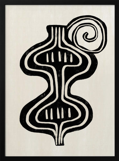 A minimalist abstract artwork in a black frame, featuring a bold, black, symmetrical figure with curvaceous lines against an off-white background. The figure, reminiscent of a vase or an hourglass, has white line details and is paired with a large black spiral at the top. Print