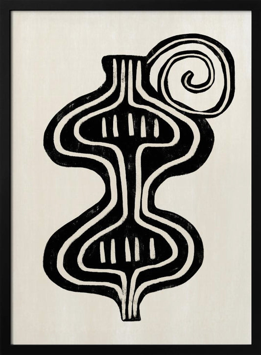 A minimalist abstract artwork in a black frame, featuring a bold, black, symmetrical figure with curvaceous lines against an off-white background. The figure, reminiscent of a vase or an hourglass, has white line details and is paired with a large black spiral at the top. Print