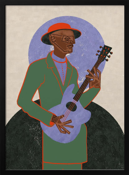 A stylized illustration of a musician in a black frame. The Black man, wearing a green jacket, red hat, and geometric glasses, plays a light purple guitar against a background with a large purple circle and a dark semi-circle. Wall Art