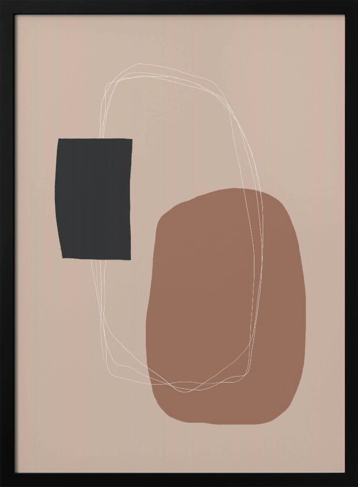 A minimalist abstract artwork in a black frame. The piece features a dark charcoal rectangle and a larger, organic terracotta brown shape on a dusty pink background. A thin, white, scribbled line loops loosely around both shapes, connecting them. Decor