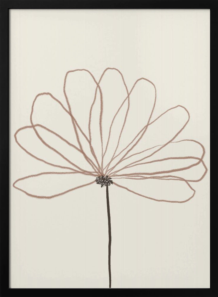 A minimalist line drawing of a flower with dusty rose colored petals against a cream background. The flower is drawn with delicate, overlapping loops creating the petals, and has a dark brown stem and center. The artwork is presented in a thin black frame. Wall Art