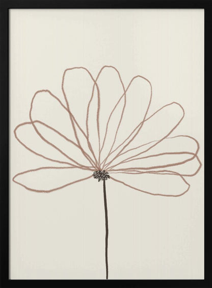 A minimalist line drawing of a flower with dusty rose colored petals against a cream background. The flower is drawn with delicate, overlapping loops creating the petals, and has a dark brown stem and center. The artwork is presented in a thin black frame. Wall Art