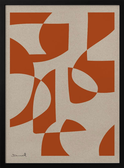 A framed abstract art piece with bold, burnt-orange shapes that are both curved and angular, overlapping on a textured, light beige background. A simple signature is in the bottom-left corner. Poster