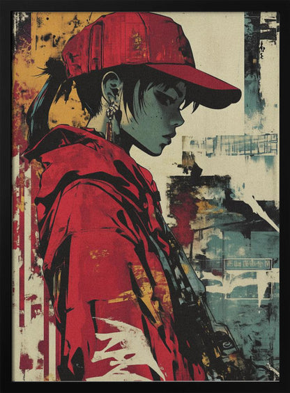 A stylized illustration of a person in profile with teal-toned skin, wearing a bright red backwards baseball cap and a matching red hoodie. The background is an abstract, distressed collage of yellow, teal, and off-white, giving the piece a gritty, street art aesthetic. Poster