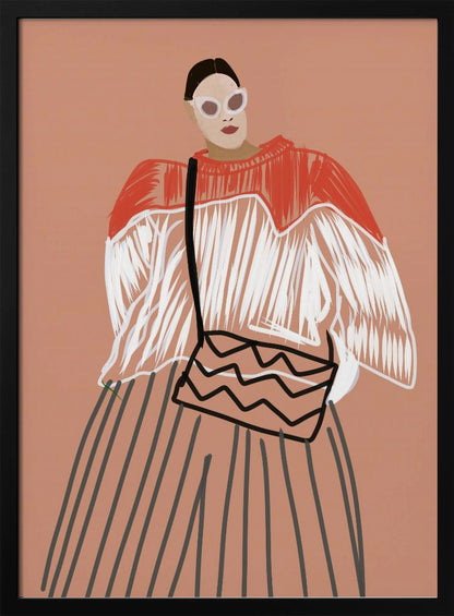 A modern fashion illustration of a stylish woman against a dusty pink background. She wears large white sunglasses, a red and white fringed sweater, a vertically striped skirt, and carries a shoulder bag with a black zigzag pattern. Wall Art