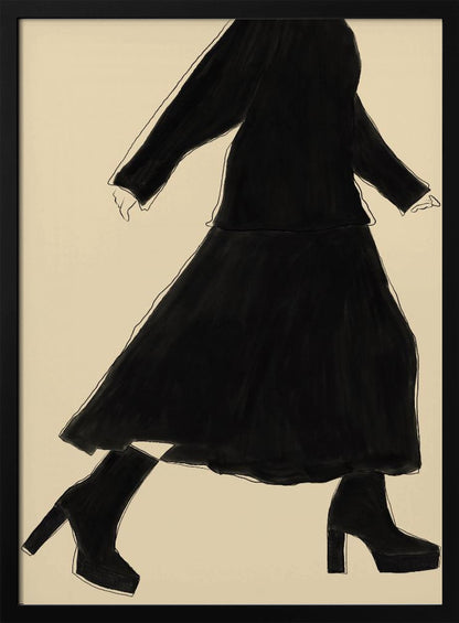 A minimalist fashion illustration of a walking woman, rendered as a black silhouette with a fine white outline against a solid cream background. She wears a long-sleeved top, a long skirt, and chunky platform high-heeled boots. The artwork is presented in a simple black frame. Artwork