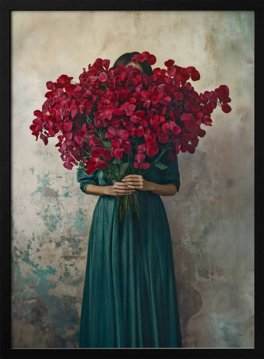 A fine art portrait of a woman in a long, dark green dress holding a massive bouquet of vibrant red flowers that completely hides her face, standing against a textured, rustic wall. Wall Art