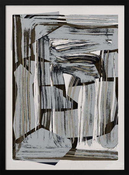 An abstract artwork in a black frame, featuring a dynamic collage of layered shapes and energetic brushstrokes in a neutral palette of gray, black, beige, and white. Artwork