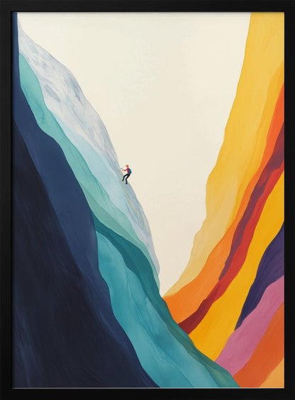 A minimalist illustration of a lone climber scaling a massive, colorful mountain. The left side of the mountain is made of flowing bands of cool blues and whites, while the right canyon wall is composed of warm, vibrant stripes of yellow, orange, red, and purple against an off-white sky. Artwork