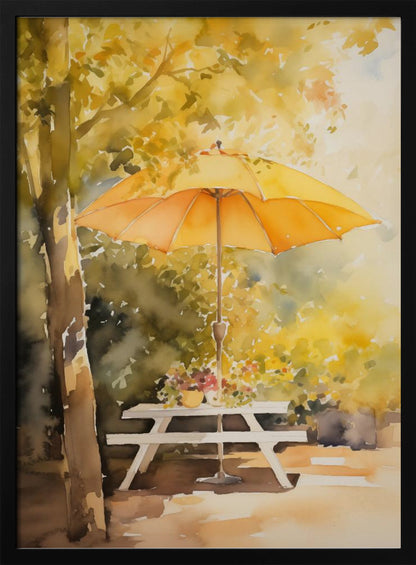 A soft watercolor painting of a sunny autumn scene, featuring a bright yellow-orange umbrella shading a white picnic table under a tree with golden leaves. Artwork