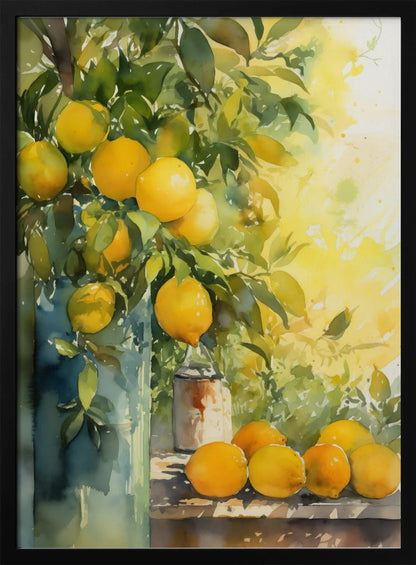 A vibrant watercolor painting of a lemon tree, with ripe yellow lemons nestled among lush green leaves. Some branches are arranged in a tall blue-green vase, while a cluster of freshly picked lemons rests on a wooden table. The background is a bright, sunny yellow, suggesting a warm, sunny day. Artwork