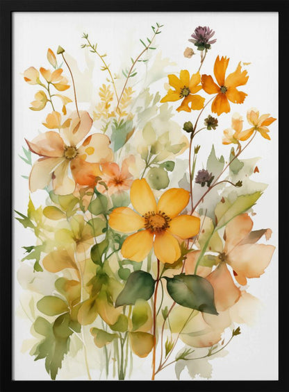 A delicate watercolor painting of a bouquet of wildflowers in shades of yellow, orange, and peach, with soft green leaves and stems against a white background, all within a thin black frame. Poster