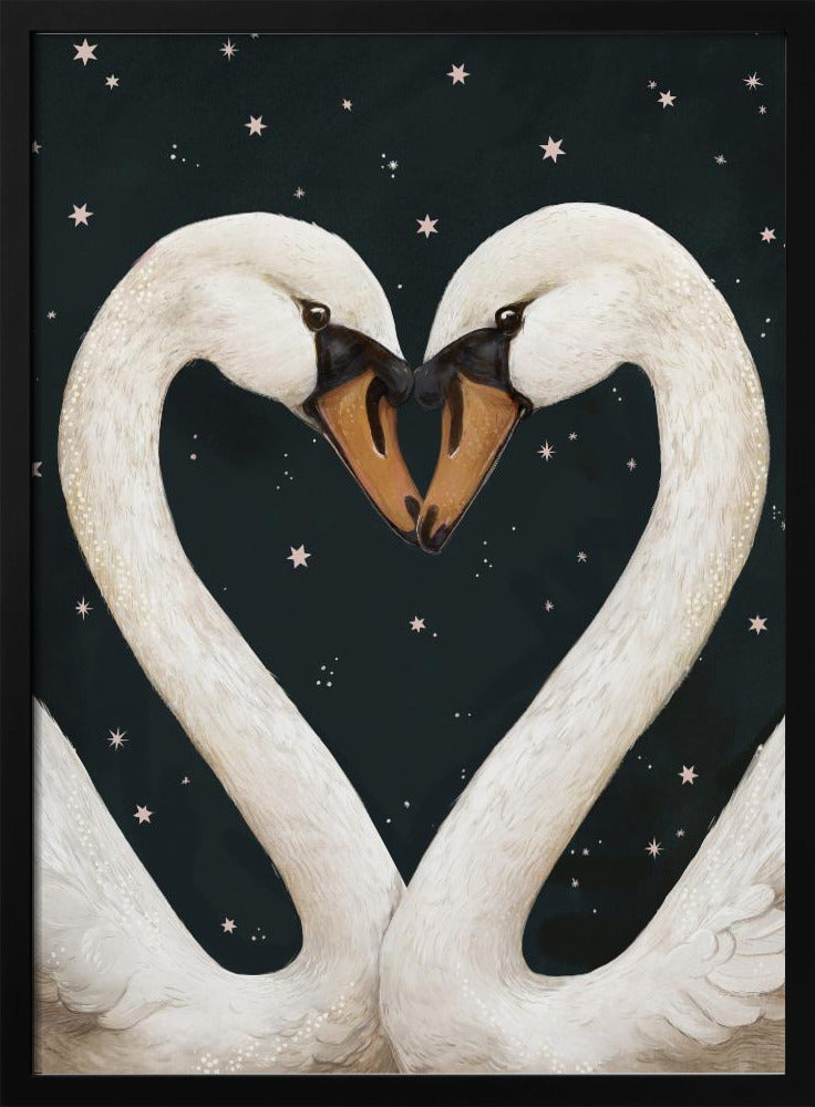 An illustration of two white swans facing each other, their gracefully curved necks forming a perfect heart shape against a dark, starry night sky. Their beaks are touching in the center. Wall Art