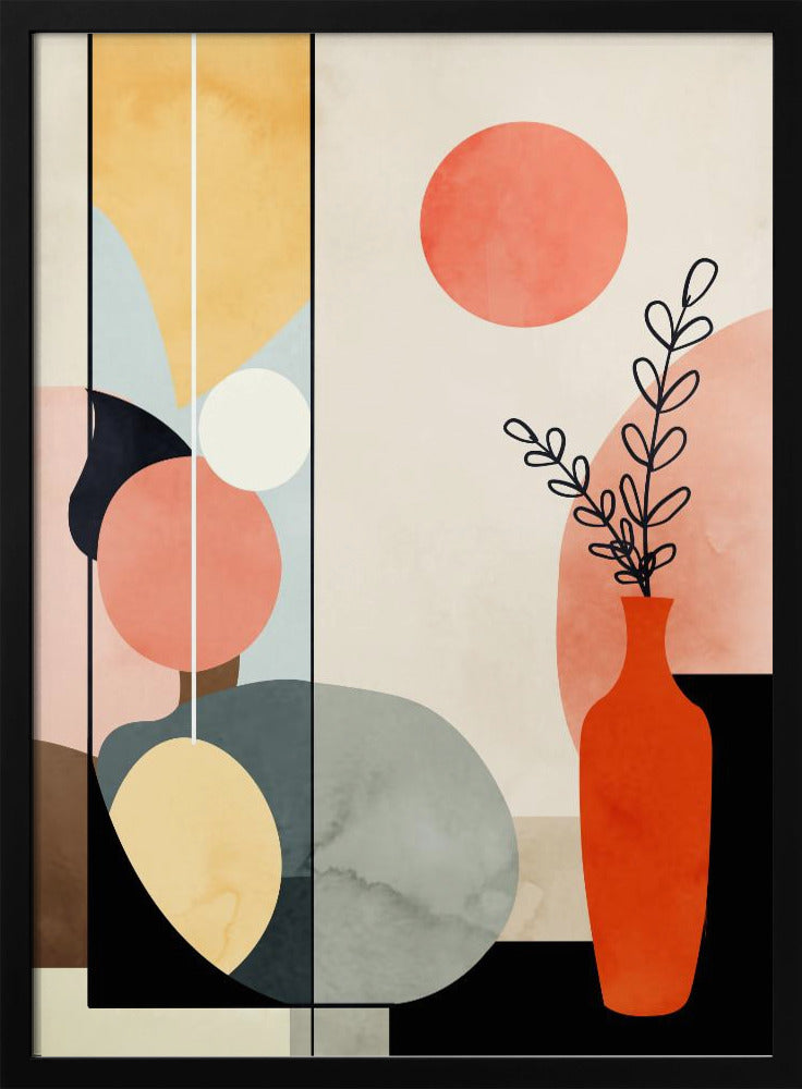 A modern abstract art print in a black frame, featuring a composition of geometric and organic shapes in coral, yellow, blue, and gray. On the right, a red-orange vase holds a black line drawing of a plant, with a large coral circle above it, creating a balanced and minimalist still life. Decor