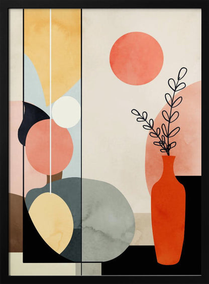 A modern abstract art print in a black frame, featuring a composition of geometric and organic shapes in coral, yellow, blue, and gray. On the right, a red-orange vase holds a black line drawing of a plant, with a large coral circle above it, creating a balanced and minimalist still life. Decor