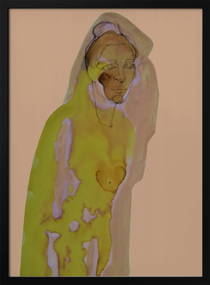 An abstract artwork of a hooded figure rendered in watercolor style against a flat peach background. The figure is primarily a vibrant yellow-green with brown and purple undertones, and its face is detailed with fine black line work. The piece is enclosed in a simple black frame. Decor