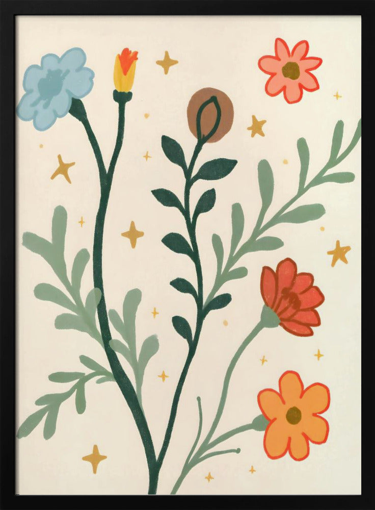 A stylized, folk-art style painting of various colorful flowers and leafy stems on a cream-colored background. The flowers are blue, red, orange, and pink, with dark and light green stems and leaves, accented by small yellow star-like sparkles. Print