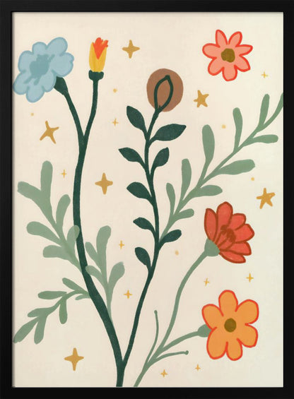 A stylized, folk-art style painting of various colorful flowers and leafy stems on a cream-colored background. The flowers are blue, red, orange, and pink, with dark and light green stems and leaves, accented by small yellow star-like sparkles. Print