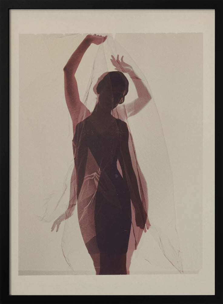 An artistic photograph of a woman in silhouette, wearing a dark dress and holding a sheer red veil above her head. A transparent, ghostly image of her in the same pose is overlaid, creating a double-exposure effect against a plain, cream-colored background. Print