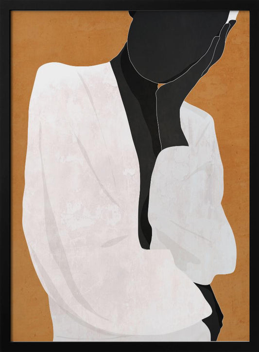 A minimalist illustration of a Black person shown from the chest up against a warm brown background. The figure, depicted in a solid black silhouette, wears a textured white robe and has one hand gracefully touching their neck in a thoughtful pose. Decor