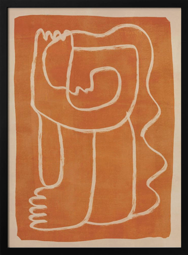 A modern abstract artwork in a black frame, featuring a single, continuous cream-colored line forming a stylized human figure against a textured, burnt orange background. Decor