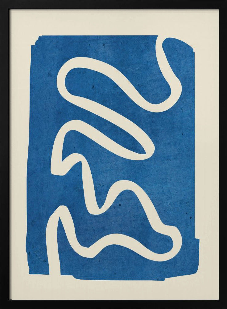 An abstract art piece in a black frame, featuring a solid, textured blue shape on a cream background. A single, thick, meandering white line flows from the top to the bottom within the blue area, creating a simple yet dynamic composition. Decor