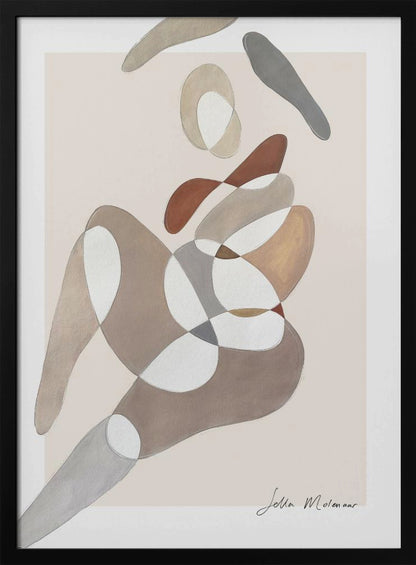 An abstract painting by Jetta Molenaar in a black frame, featuring a composition of overlapping, organic shapes in muted earth tones like brown, grey, and beige against a pale pinkish-beige background. The shapes vaguely suggest a reclining human figure. Artwork