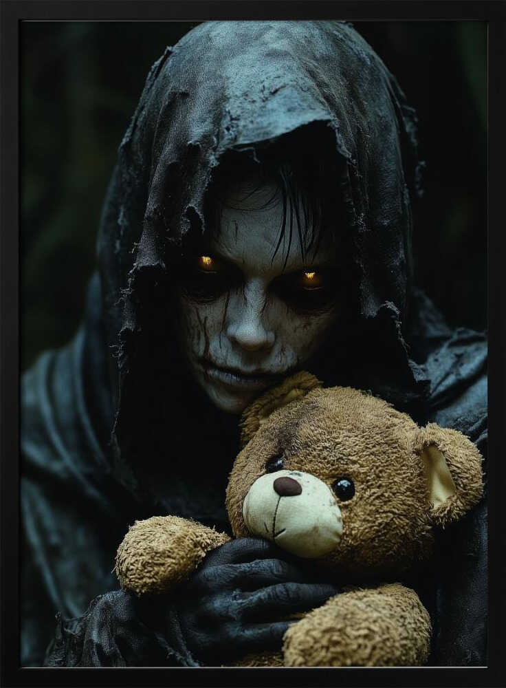 A creepy, hooded figure with glowing yellow eyes and a scarred face holds a well-loved brown teddy bear, creating a stark contrast between horror and innocence in a dark, moody setting. Wall Art
