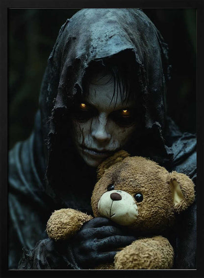 A creepy, hooded figure with glowing yellow eyes and a scarred face holds a well-loved brown teddy bear, creating a stark contrast between horror and innocence in a dark, moody setting. Wall Art