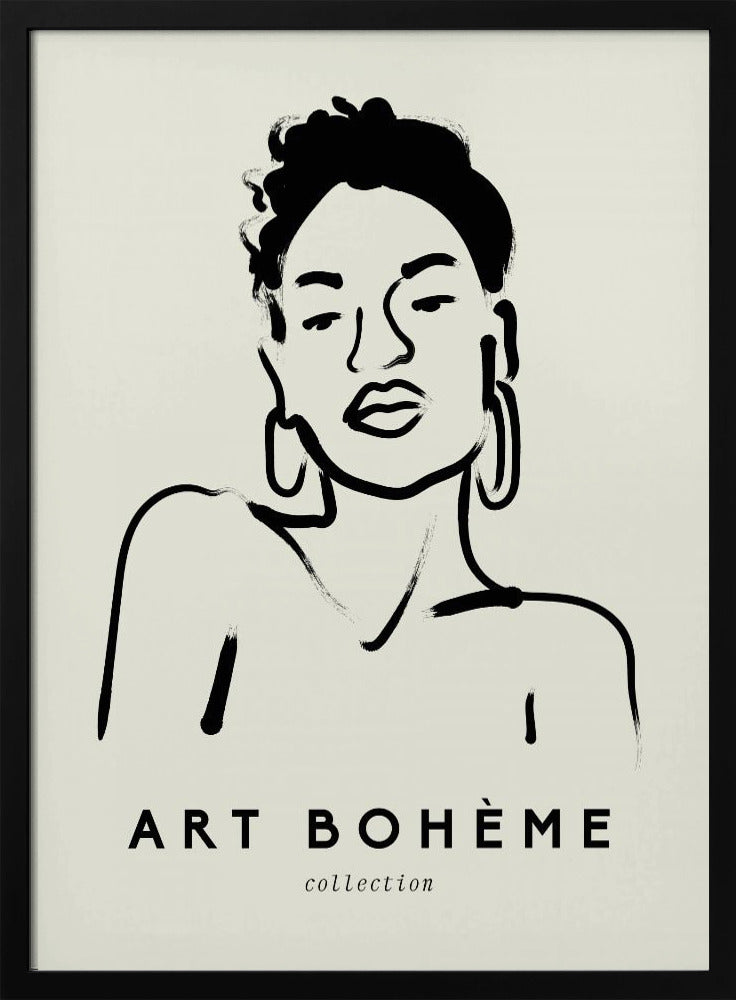 A framed minimalist art print featuring a black ink line drawing of a woman with curly hair and hoop earrings on a beige background. The text 'ART BOHÈME collection' is printed below the portrait. Poster