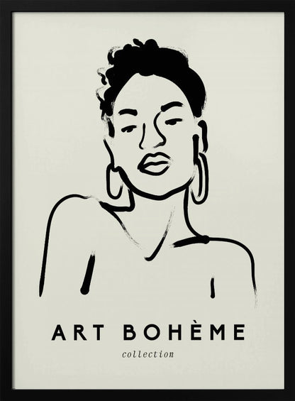 A framed minimalist art print featuring a black ink line drawing of a woman with curly hair and hoop earrings on a beige background. The text 'ART BOHÈME collection' is printed below the portrait. Poster