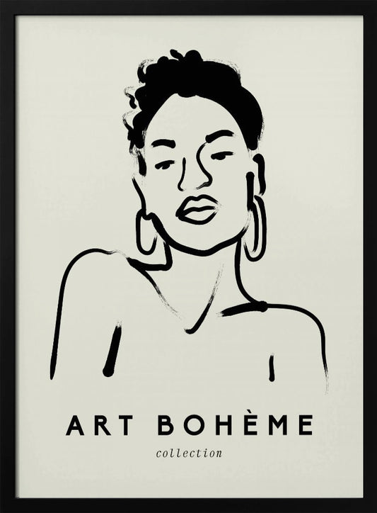 A framed minimalist art print featuring a black ink line drawing of a woman with curly hair and hoop earrings on a beige background. The text 'ART BOHÈME collection' is printed below the portrait. Poster