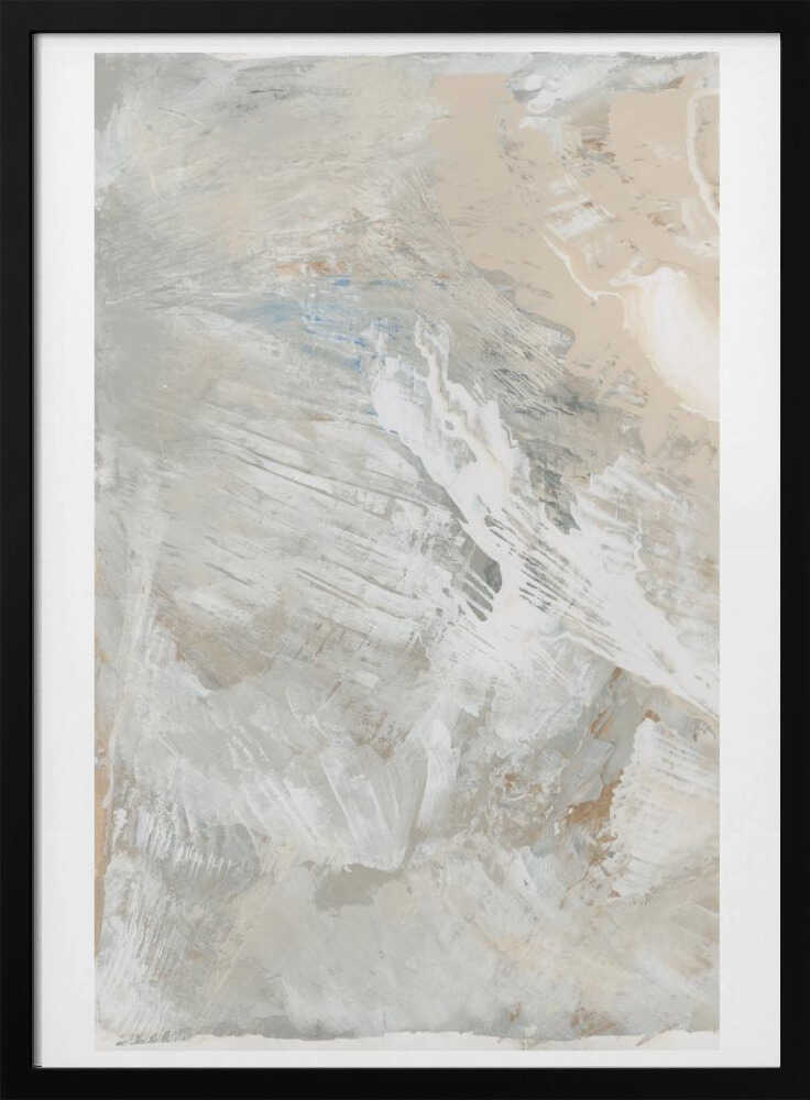 Abstract painting with dynamic brushstrokes in soft, neutral tones of grey, beige, and white. Modern textured wall art.