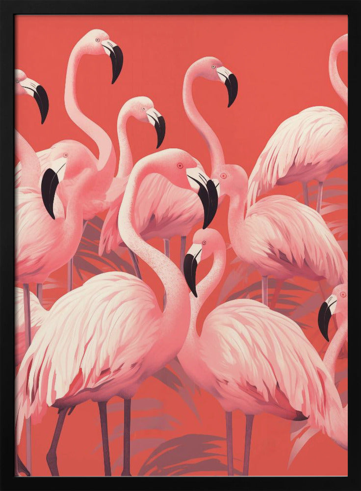 A vibrant, stylized art print featuring a dense flock of pink flamingos with black-tipped beaks against a solid coral background, framed in black. Artwork