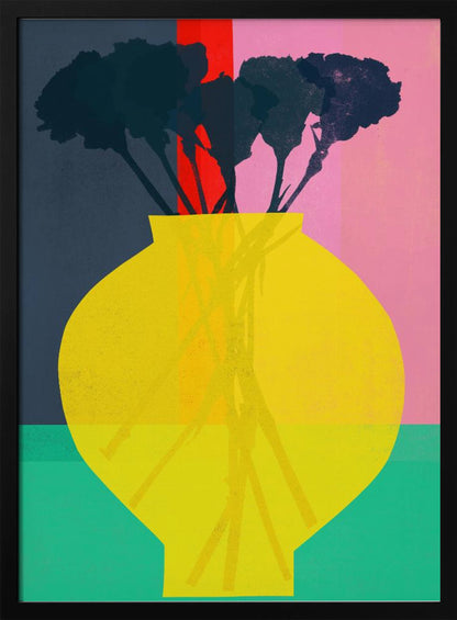 An abstract art print depicting a still life. A large, vibrant yellow vase sits in the foreground, holding the dark silhouette of a bouquet of flowers. The background is sectioned into bold, vertical color blocks of dark blue, red, and pink, with a teal surface at the bottom. Decor