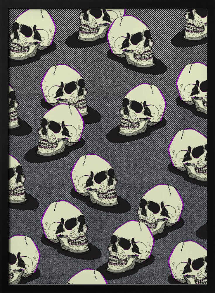 A graphic art print in a black frame featuring a repeating pattern of stylized off-white skulls. The skulls have a thin purple outline and are set against a background of fine black and white diagonal stripes, creating a pop art or comic book effect. Wall Art