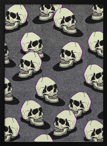A graphic art print in a black frame featuring a repeating pattern of stylized off-white skulls. The skulls have a thin purple outline and are set against a background of fine black and white diagonal stripes, creating a pop art or comic book effect. Wall Art