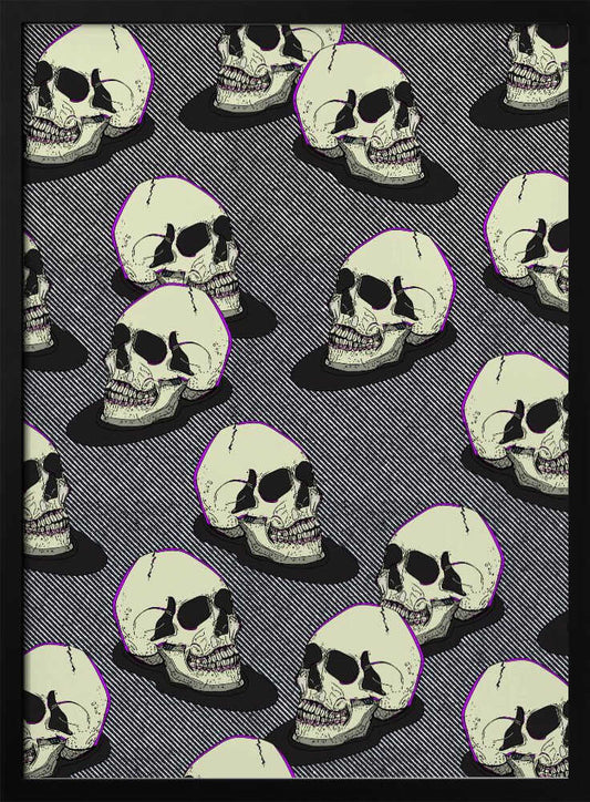 A graphic art print in a black frame featuring a repeating pattern of stylized off-white skulls. The skulls have a thin purple outline and are set against a background of fine black and white diagonal stripes, creating a pop art or comic book effect. Wall Art