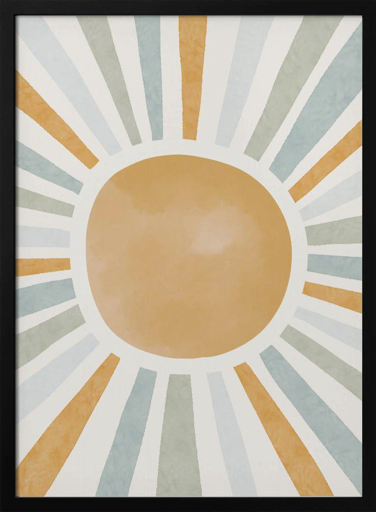 An abstract illustration of a large, mustard-yellow sun with radiating sunbeams. The beams are in alternating colors of yellow, sage green, and light blue, set against an off-white background. Wall Art