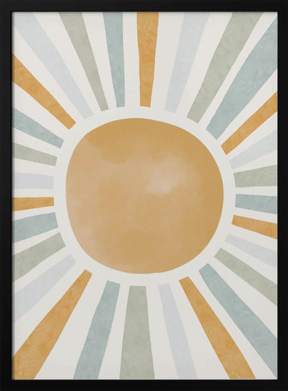 An abstract illustration of a large, mustard-yellow sun with radiating sunbeams. The beams are in alternating colors of yellow, sage green, and light blue, set against an off-white background. Wall Art