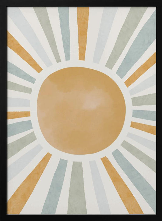 An abstract illustration of a large, mustard-yellow sun with radiating sunbeams. The beams are in alternating colors of yellow, sage green, and light blue, set against an off-white background. Wall Art