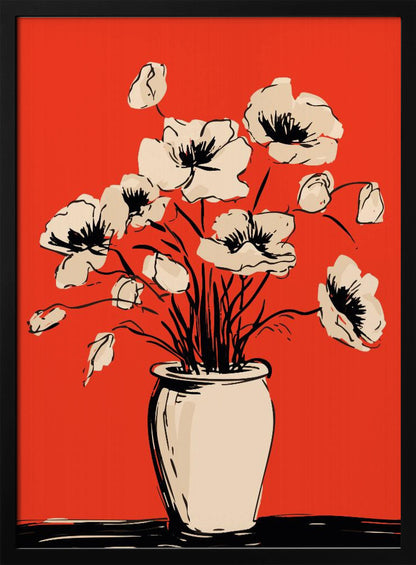 A graphic illustration of a bouquet of cream-colored poppies in a vase against a solid, vibrant red background. The flowers, stems, and vase are rendered with bold, sketchy black lines, creating a high-contrast and modern still-life composition. Print