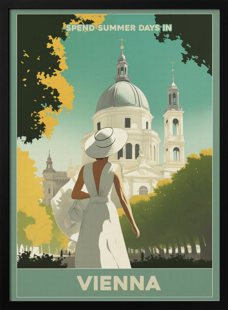 A vintage-style travel poster for Vienna, featuring an illustration of a woman in a white dress and wide-brimmed hat looking at a grand domed building. The scene is framed by green and yellow trees, with text that reads 'Spend summer days in Vienna'. Artwork