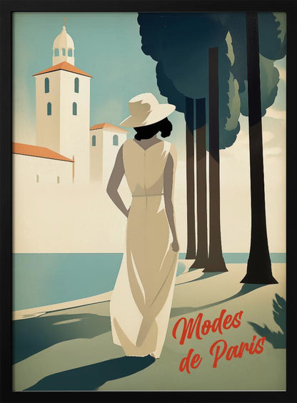 An Art Deco style illustration of a woman in a long cream dress and a white hat, viewed from behind. She stands by a body of water with tall, dark trees to her right and a white coastal building in the background. Red cursive text in the corner reads 'Modes de Paris'. Wall Art