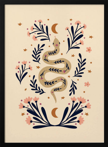 A bohemian-style illustration of a winding tan snake decorated with small flowers, set against a cream background. The snake is surrounded by dark blue foliage, pink blossoms, small gold stars, and two crescent moons, creating a symmetrical and mystical design. Poster