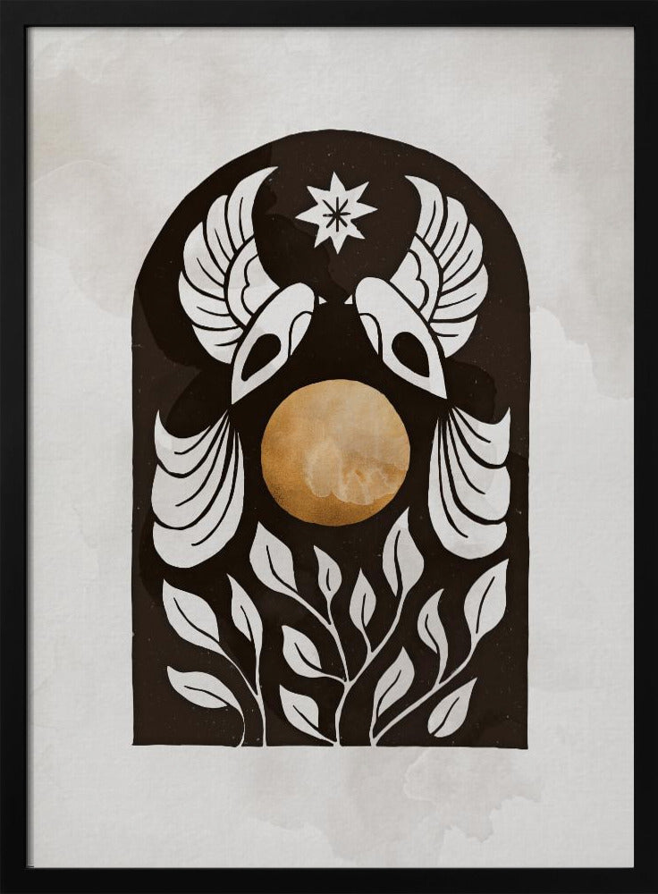 A modern illustration in a black frame featuring a symmetrical design within a black arch. Two stylized white birds face each other over a golden orb, with a white star above them and white foliage below, all on a light, textured background. Print