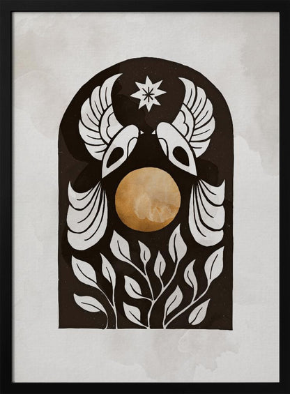 A modern illustration in a black frame featuring a symmetrical design within a black arch. Two stylized white birds face each other over a golden orb, with a white star above them and white foliage below, all on a light, textured background. Print