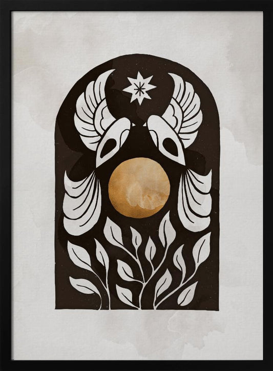 A modern illustration in a black frame featuring a symmetrical design within a black arch. Two stylized white birds face each other over a golden orb, with a white star above them and white foliage below, all on a light, textured background. Print