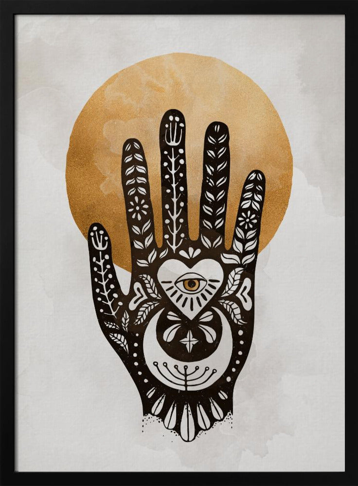 A black-and-white illustration of a hand decorated with intricate folk art symbols, including an eye within a heart on the palm, a crescent moon, and floral motifs on the fingers. A large, textured golden circle, like a sun or moon, serves as the background, set against a light gray, watercolor-style canvas. Decor
