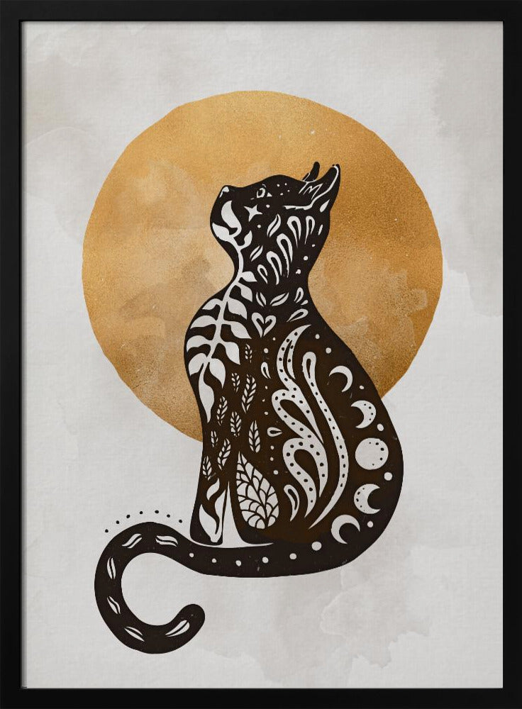 A stylized black cat silhouette sits in profile, looking upwards. Its body is filled with intricate white folk-art patterns of leaves, swirls, hearts, and crescent moons. Behind the cat is a large, textured golden circle against a light grey, watercolor-style background. Artwork